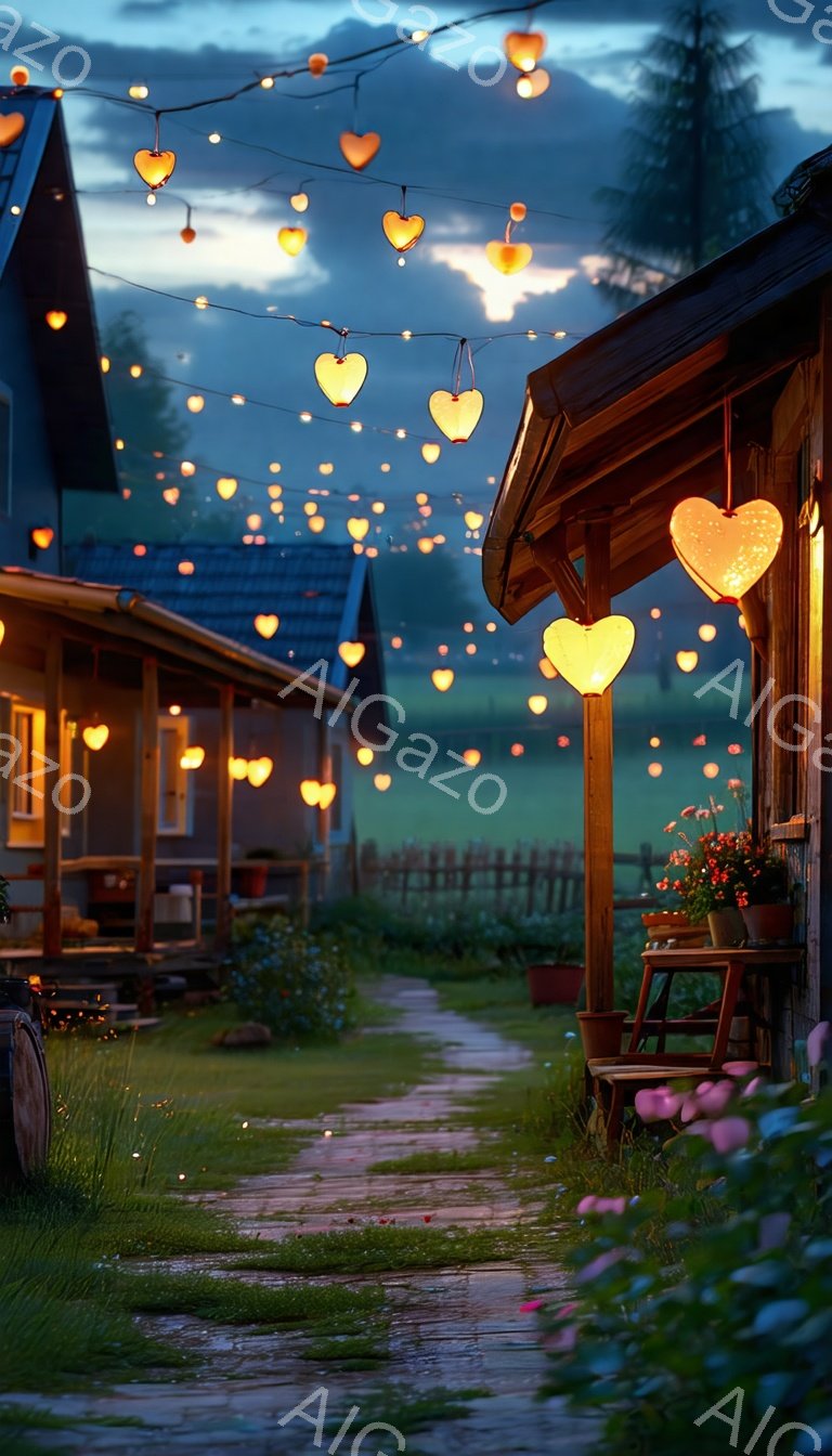 静かな夜、木造の家々が並び、温かい光のイルミネーションが庭を彩っている。石畳の道が家々へと続いており、植物や花壇が緑と色彩を添え、穏やかで夢幻的な雰囲気を醸し出している。背景にはぼんやりと見える草地と、薄暗い空が広がり、まるで絵画のような美しい光景である。