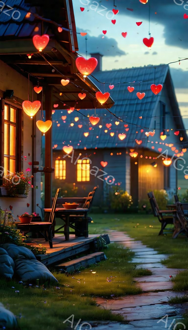 温かい光が灯る木造の家が、数多くのハート型のライトで飾られています。庭にはテーブルと椅子が置かれ、手入れされた芝生と花壇が広がっています。夕暮れ時の空と庭のライトがロマンチックで穏やかな雰囲気を醸し出しています。