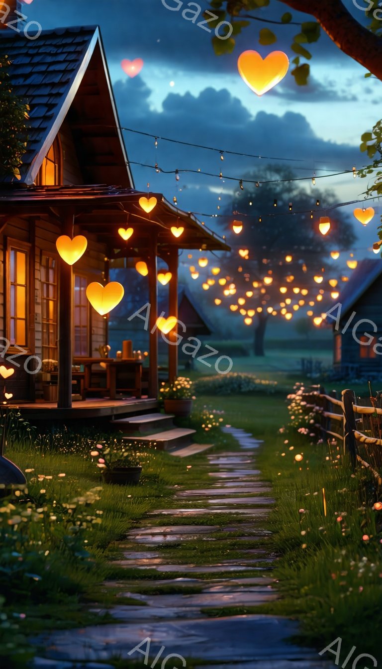 木造の可愛らしい家が、小さな庭と石畳の道で繋がっている。家の周りには、ハート型の光が輝く電飾が飾られ、庭には鮮やかな花々が咲き乱れ、暖かく幻想的な雰囲気を醸し出している。背景には他の家々が見え、空は夕暮れ時のような薄暗い青色で、全体的にロマンチックで穏やかな印象を与える。