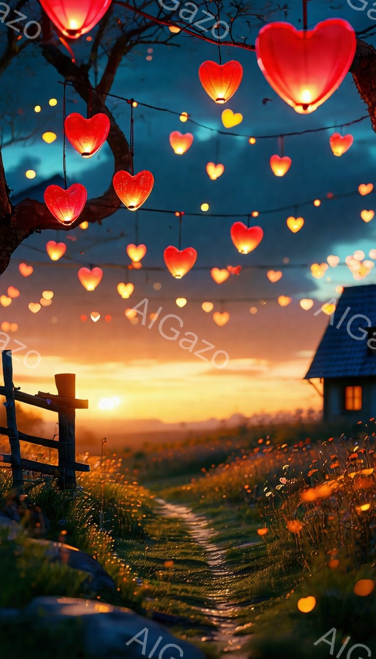 夕焼け空の下、ハート型の提灯が並ぶ道を写した風景写真です。道は緑豊かな草原の中を通り、遠くには小さな家と木々のシルエットが見えます。暖かくロマンチックな雰囲気で、まるで夢の中にいるような印象を与えます。