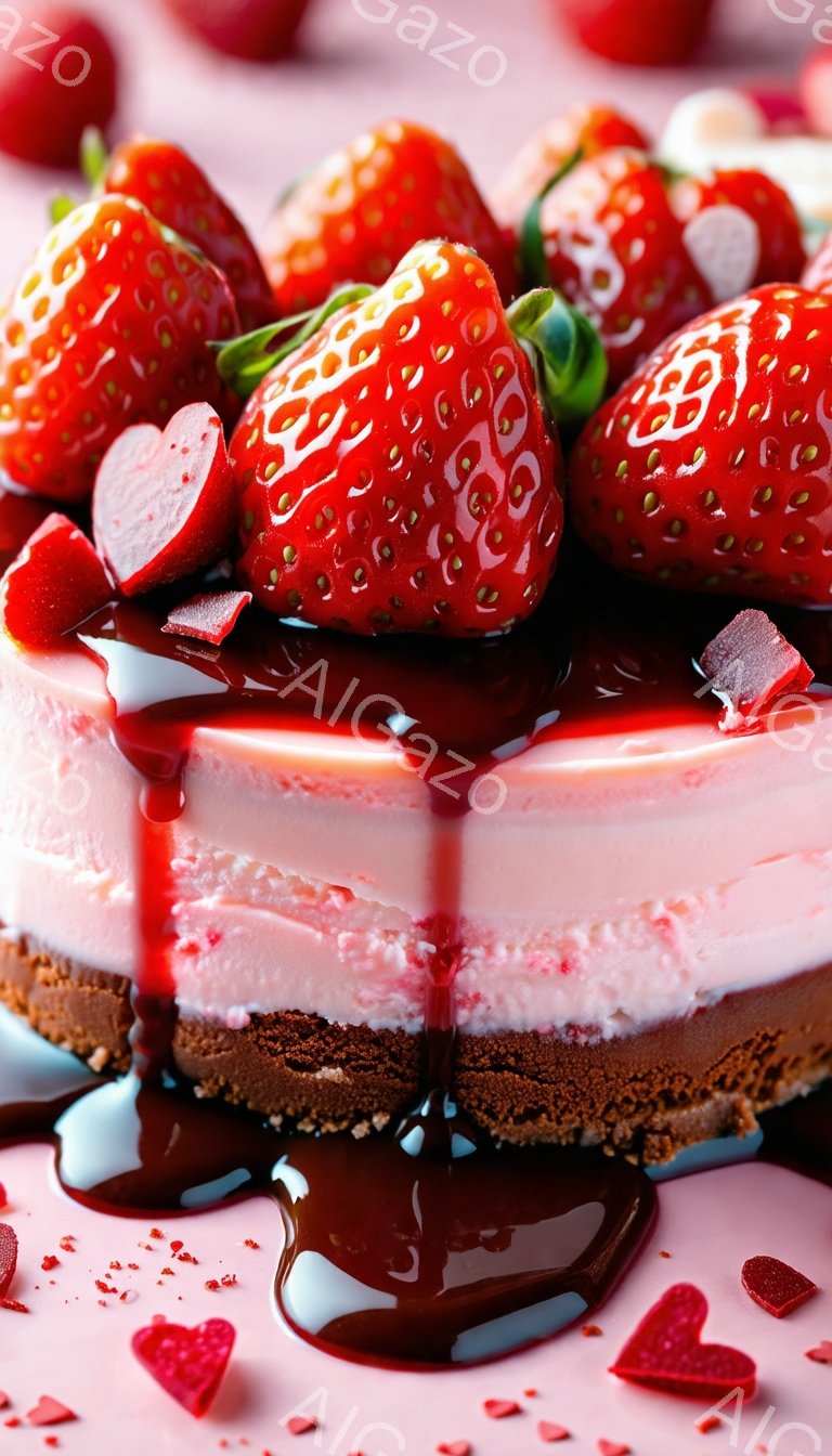 鮮やかなピンク色の背景に、層状になったケーキが置かれています。ケーキは、チョコレート色の土台の上に、ピンク色のクリームとさらに層が重ねられ、その上に新鮮なイチゴが飾られています。溶けたチョコレートソースがケーキから流れ出し、周囲には赤いハート型のチョコレートが散りばめられ、甘くてロマンチックな雰囲気を醸し出しています。