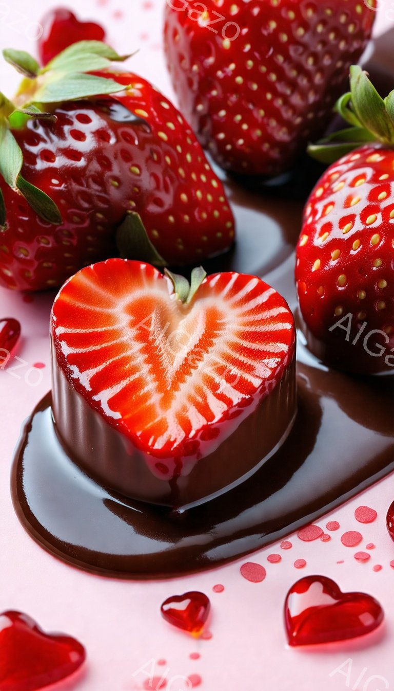 鮮やかなピンク色の背景に、チョコレートでコーティングされたイチゴと、カットされたイチゴが配置されています。チョコレートはイチゴの周りに溶け出し、ハート型の赤い液滴が散りばめられており、甘くてロマンチックな雰囲気を醸し出しています。全体的に、バレンタインデーや特別な日のデザートを思わせる、華やかで食欲をそそるイメージです。