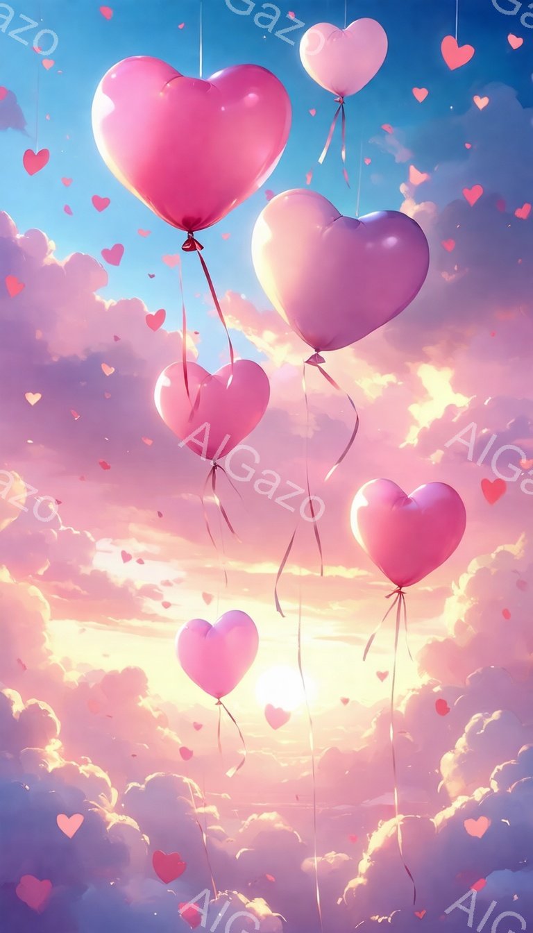 空には、ハート型のピンク色の風船が多数浮かび、夕焼けのようなオレンジとピンクのグラデーションの雲が広がっています。風船は、細いリボンで繋がっており、まるで空を舞う愛の象徴のようです。全体的に暖かくロマンチックな雰囲気で、夢のような美しい情景が広がっています。