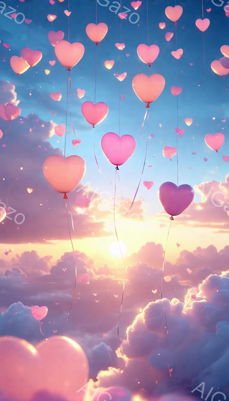 明るいオレンジ色の太陽が雲間から差し込み、空一面にピンク色のハート型の風船が浮かんでいます。風船は様々な大きさで、糸で繋がれており、雲海と夕焼け空がロマンチックで夢のような雰囲気を醸し出しています。全体的に暖かく、優しい気持ちになるような、希望に満ちた情景です。
