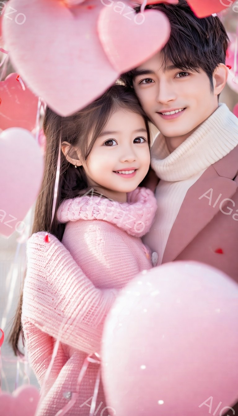 少女と青年が寄り添って微笑んでいます。少女はピンクのニットセーターとスカーフを着ており、髪は長くストレートです。背景にはハート型の風船が多数浮かび、明るくロマンチックな雰囲気を醸し出しています。