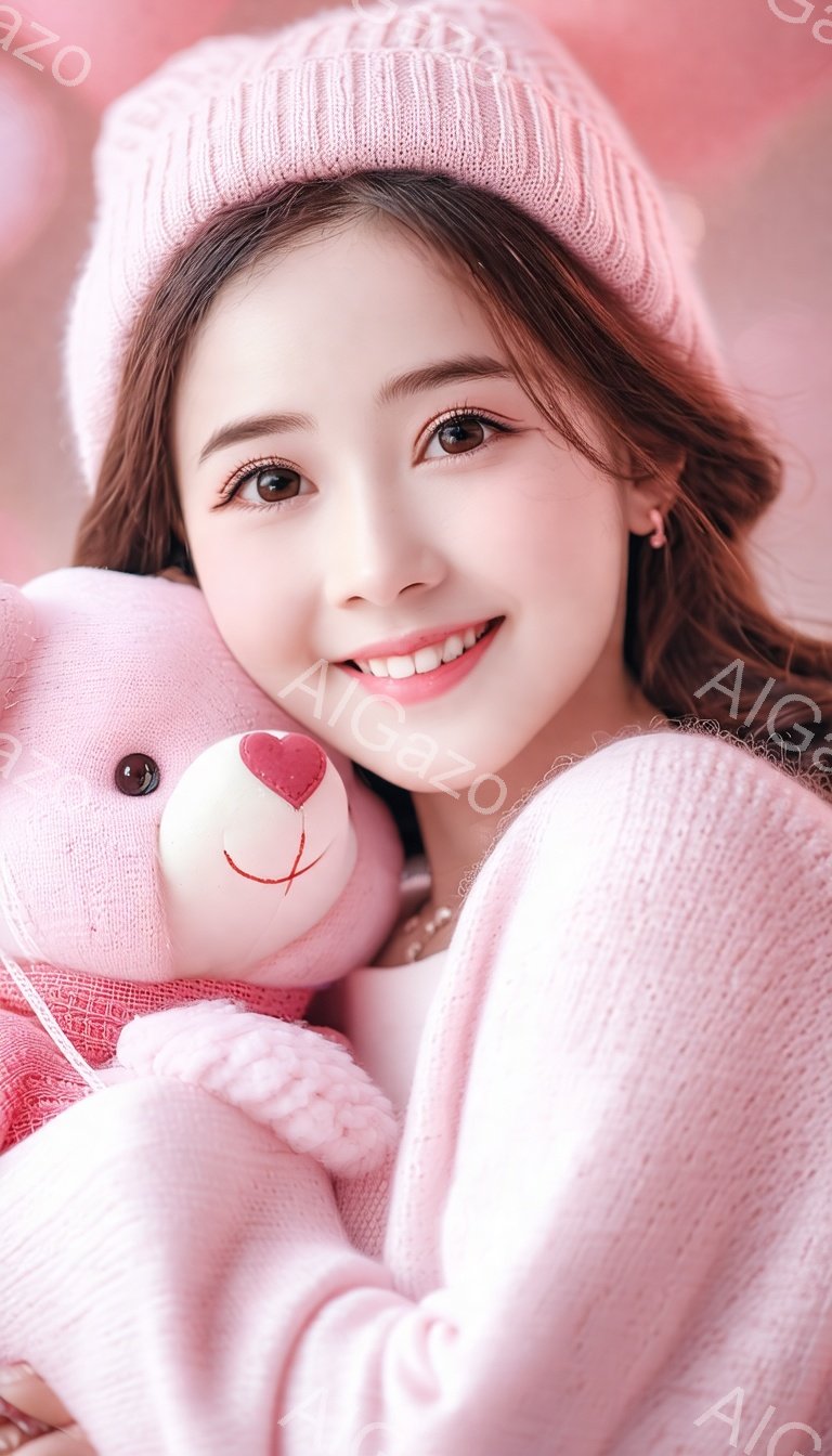 明るい笑顔を浮かべた若い女性が、ピンク色のふわふわした帽子とカーディガンを着て、ピンク色のテディベアを抱きかかえています。彼女の髪は肩まで伸びており、柔らかいカールがかかっています。背景はぼやけていますが、ピンクと白の色調で、暖かく優しい雰囲気を醸し出しています。