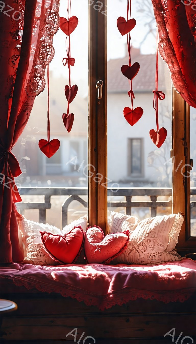 赤いカーテンとハートの飾りで飾られた窓辺に、ふわふわとしたピンクと白のクッションが並んだベッドが広がっています。背景には、建物が並ぶ街並みがぼんやりと見え、穏やかな日差しが差し込んでいます。暖かくロマンチックな雰囲気で、リラックスして過ごせる空間を表現しています。