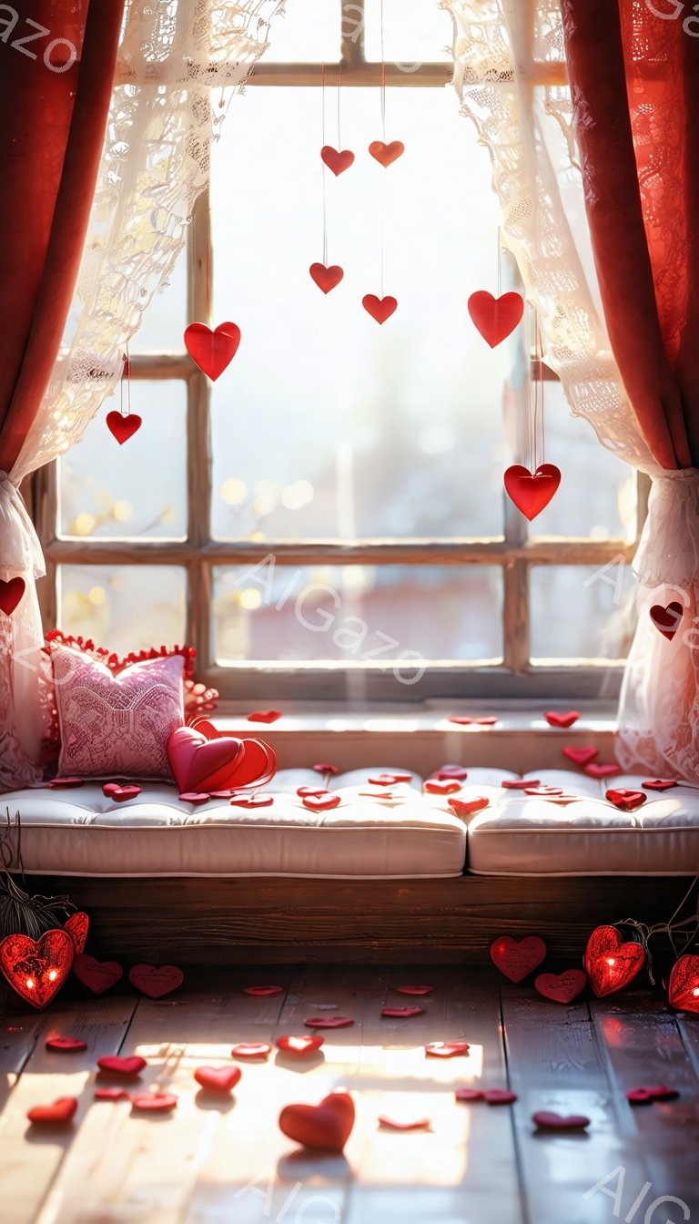 窓辺に配置されたクリーム色のソファと、赤いハートの装飾が印象的な室内です。床には散りばめられた赤いハートがロマンチックな雰囲気を醸し出し、窓からは柔らかい光が差し込んでいます。赤いベルベットのカーテンと繊細なレースの窓枠が、暖かく優しい空間を作り出しています。