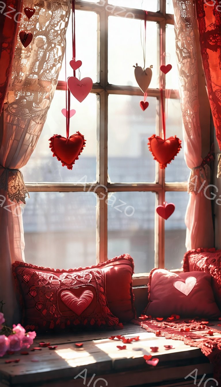 赤いクッションが並んだ窓辺で、可愛らしいハートのオーナメントが飾られています。窓の外にはぼやけた風景が広がり、柔らかい光が差し込んでいます。全体的に暖かく、ロマンチックな雰囲気が漂っています。