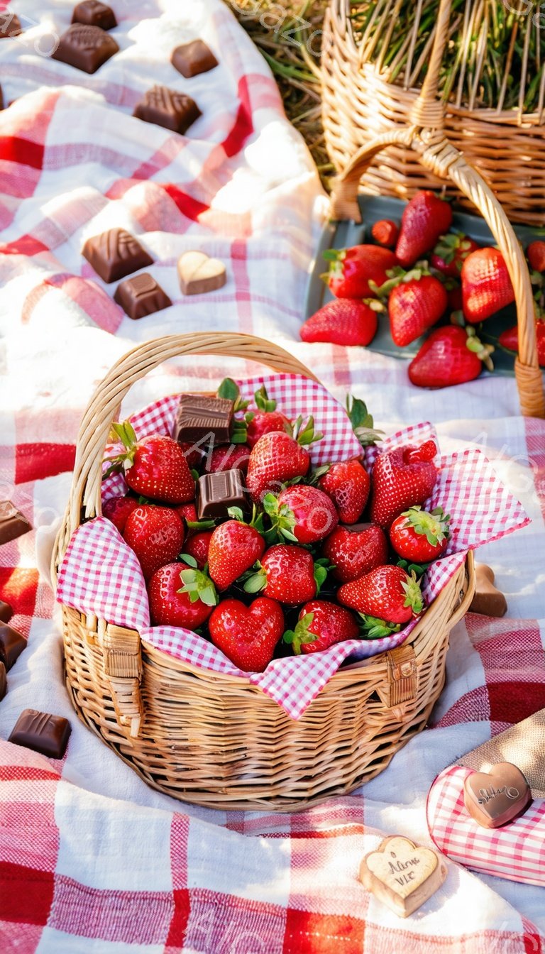 赤いチェック柄の布の上に、たくさんのイチゴが籐のバスケットに盛られています。バスケットには、イチゴの他にチョコレートも少し入っており、鮮やかな赤色が食欲をそそります。背景には、イチゴの葉やチョコレートが散らばっており、ピクニックやデザートタイムのような、幸せで明るい雰囲気を醸し出しています。