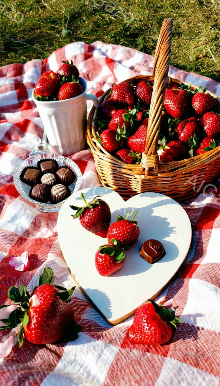赤と白のチェック柄のピクニックブランケットの上に、新鮮なイチゴがたっぷり詰まったバスケット、白いハート型の皿に置かれたイチゴとチョコレート、そして小さな白いボウルに入ったチョコレートが並べられています。背景は緑の芝生で、太陽の光が柔らかく降り注ぎ、甘くてロマンチックな雰囲気を醸し出しています。イチゴの赤とチョコレートの茶色が、白とチェック柄のブランケットによく映え、食欲をそそります。