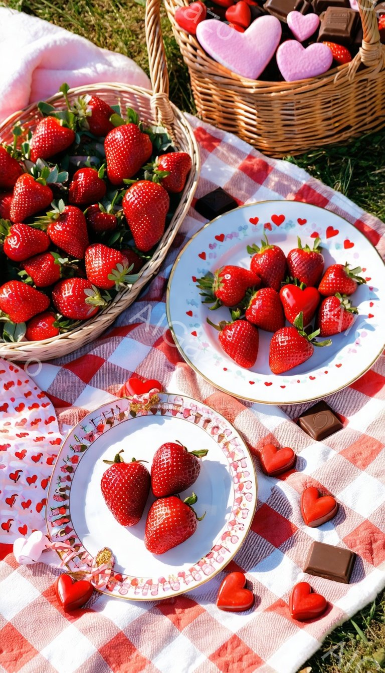赤いイチゴが、チェック柄の敷物の上に置かれた写真です。編まれたかごの中にたくさんのイチゴが詰め込まれ、白い皿の上に少しのイチゴが並べられています。ハート型のチョコレートや飾りも添えられており、バレンタインやピクニックのようなロマンチックな雰囲気を醸し出しています。