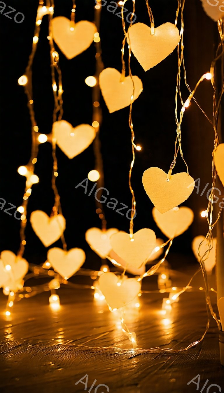 暗い背景に、たくさんの小さなハート型のライトが吊り下げられています。ライトは温かみのあるオレンジ色で、まるで星空のように見えます。木製の床面がわずかに見え、全体的にロマンチックで幻想的な雰囲気を醸し出しています。