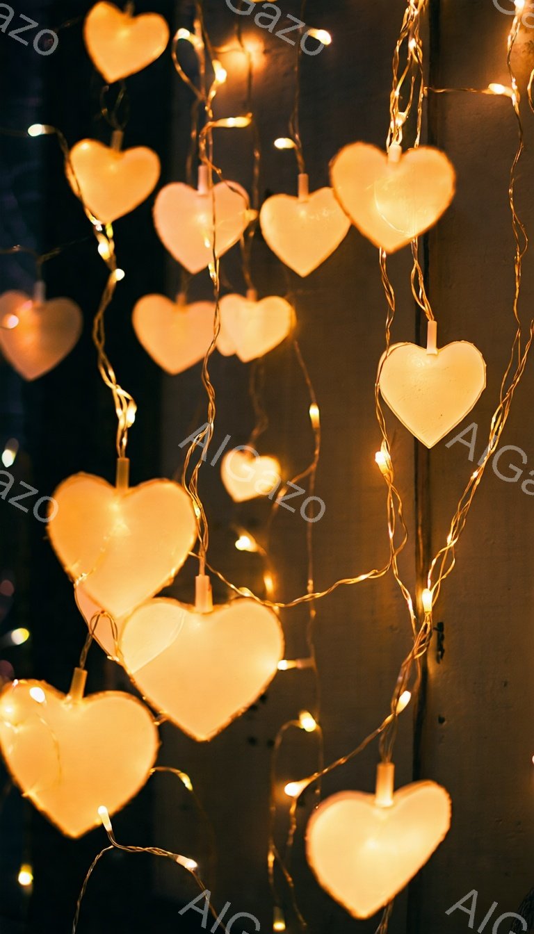 暖かく優しい光を放つハート型のライトが、暗い背景に散りばめられています。ライトは細いコードで繋がっており、まるで光のカーテンのように見えます。全体的にロマンチックで夢のような、温かい雰囲気を醸し出しています。