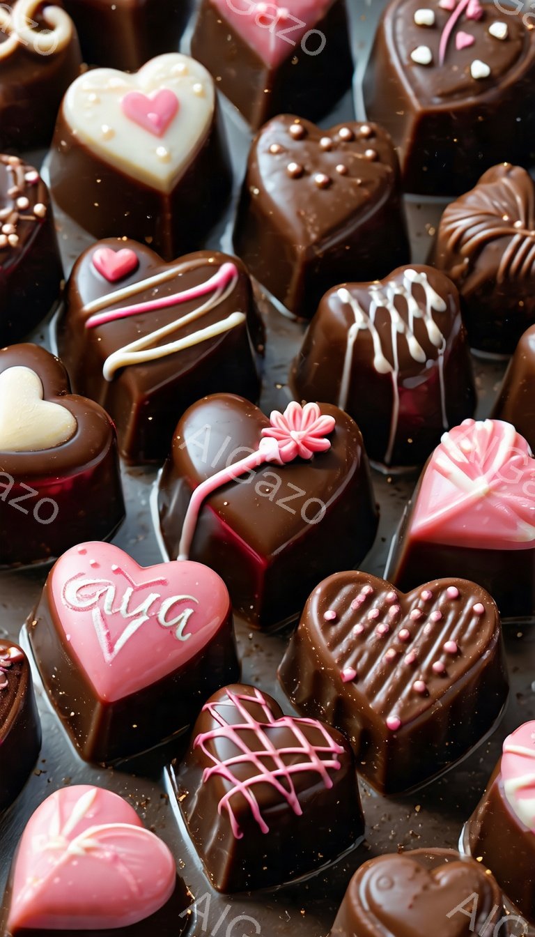 チョコレートの盛り合わせが画面いっぱいに広がっています。様々な形のチョコレートが、ピンクや白のデコレーションで華やかに彩られており、つややかな光沢が食欲をそそります。背景は暗い色調で、チョコレートの甘さと優雅な雰囲気を際立たせています。