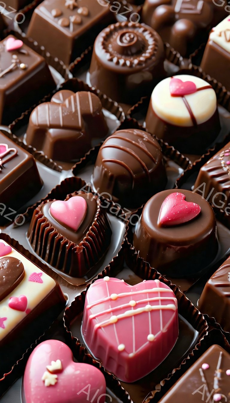 チョコレートの詰め合わせが画面いっぱいに広がっています。様々な形や色のチョコレートが、紙製のカップに並べられており、ピンクや茶色、白の色合いが楽しめます。チョコレートの表面には、ハートや模様が施されており、バレンタインや特別な機会にぴったりな、甘くてロマンチックな雰囲気を醸し出しています。
