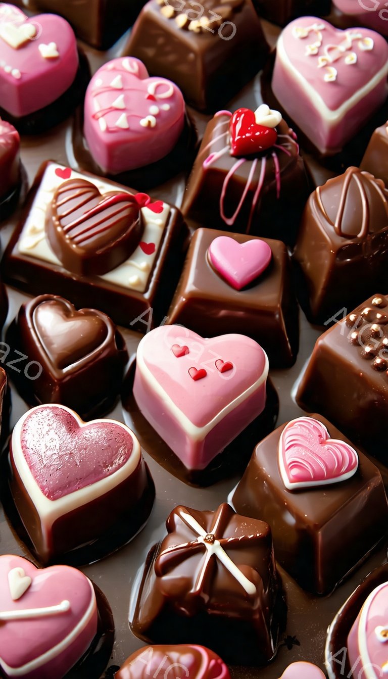 様々なチョコレートが密集して配置されており、それぞれ異なる色と装飾が施されている。ピンク、茶色、白を基調としたチョコレートは、ハート型や四角形など多様な形をしており、一部にはイチゴや模様が飾られている。全体的に甘く、華やかな雰囲気が漂い、バレンタインデーや特別な機会に相応しい光景である。
