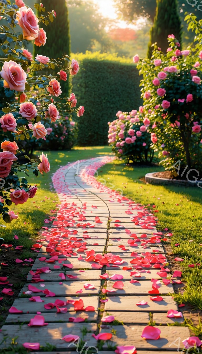 石畳の道がピンク色のバラの花びらで覆われ、まるで夢のような光景が広がっている。両側には手入れの行き届いたバラの茂みが咲き乱れ、背景には緑豊かな生垣が広がり、夕日の柔らかな光が降り注いでいる。全体的にロマンチックで穏やかな雰囲気が漂い、散歩やデートに最適な美しい庭園の風景だ。