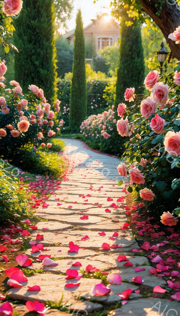 石畳の道が、ピンク色のバラの花びらに覆われ、まるでバラのシャワーを受けているかのようである。緑豊かな生垣と高く伸びた円錐形の木々が道沿いに立ち並び、遠くには穏やかな光を浴びた邸宅が見える。暖かく柔らかな光が降り注ぎ、ロマンチックで夢幻的な雰囲気を醸し出している。