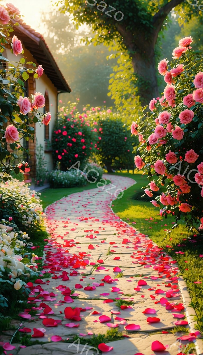 曲がりくねった石畳の道が、バラの花びらで覆われている。周囲にはピンクと白のバラが咲き乱れ、緑豊かな庭園と背景の建物が美しいコントラストをなしている。暖かい光が差し込み、ロマンチックで夢幻的な雰囲気を醸し出している。
