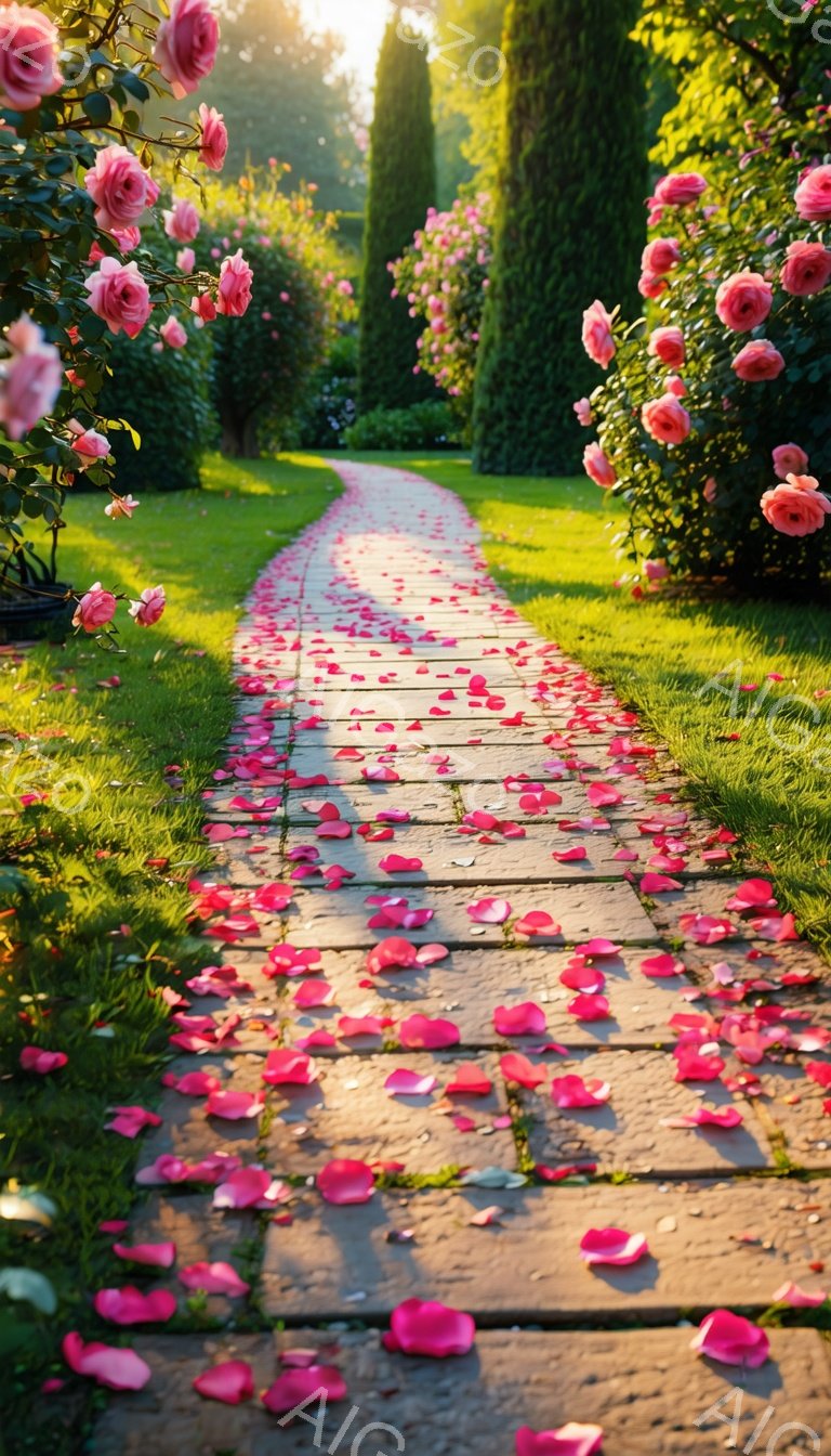 レンガ造りの小道にバラの花びらが散りばめられ、まるでカーペットのように美しい風景が広がっている。両脇には手入れの行き届いた生垣と、ピンク色のバラが咲き乱れるアーチがあり、暖かい日差しが降り注いでいる。全体的にロマンチックで穏やかな雰囲気が漂い、優雅な散歩道へと誘うようだ。