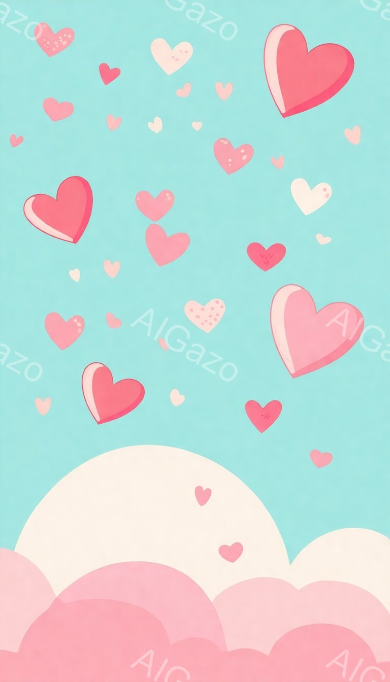 淡い水色の背景に、大小さまざまなピンク色のハートが舞い散っている様子が描かれています。下部には、ふんわりとしたピンク色の雲のような形があり、全体的に柔らかくロマンチックな雰囲気を醸し出しています。ハートの配置はランダムで、春の訪れや愛情を表現しているように見えます。