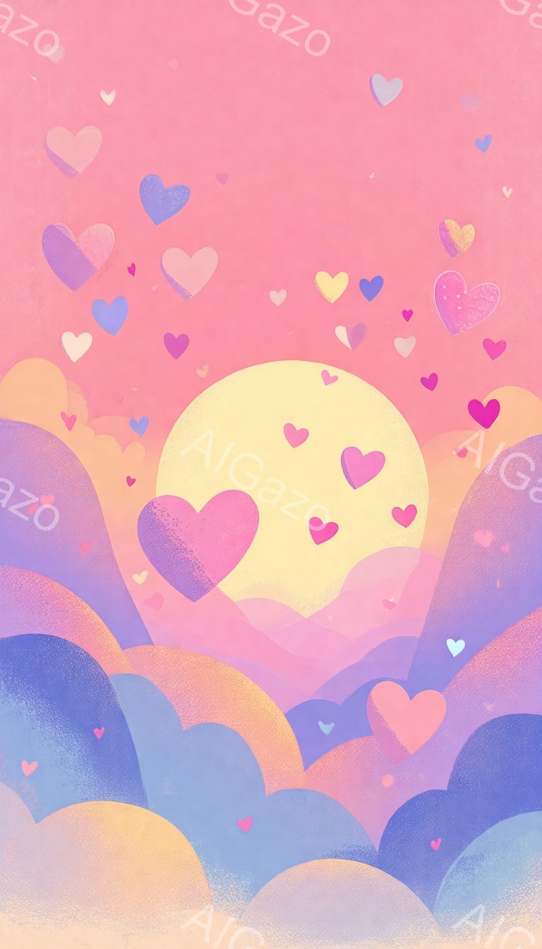 明るいピンクと紫色のぼかしのある背景に、様々な色のハートが散りばめられています。背景の中心には、淡いオレンジ色の丸い光があり、まるで太陽のようです。全体的に柔らかく、夢のような、ロマンチックな雰囲気です。