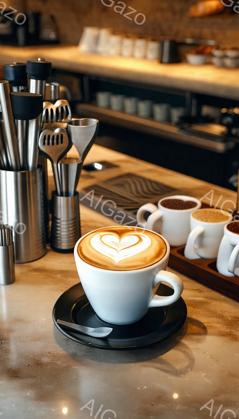 白いカップに入ったラテアートが印象的な写真です。ハートの形に施された美しい模様が、温かみのあるカフェの雰囲気を醸し出しています。背景には、様々な調理器具と他のカップがぼんやりと見え、コーヒーを楽しむ落ち着いた空間を表現しています。