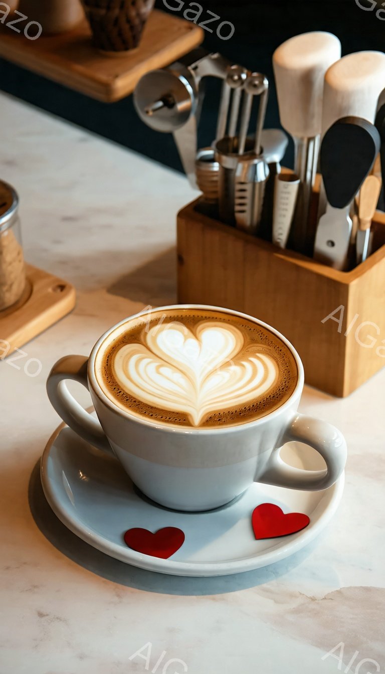 白いカップが白いソーサーに乗っており、表面にはハート型のラテアートが施されています。背景には、コーヒー豆や器具が置かれた木製の容器が見え、カフェのカウンターの一部である大理石調のテーブル上に置かれています。全体的に、暖かく穏やかな雰囲気で、コーヒータイムのひとコマが切り取られたようです。