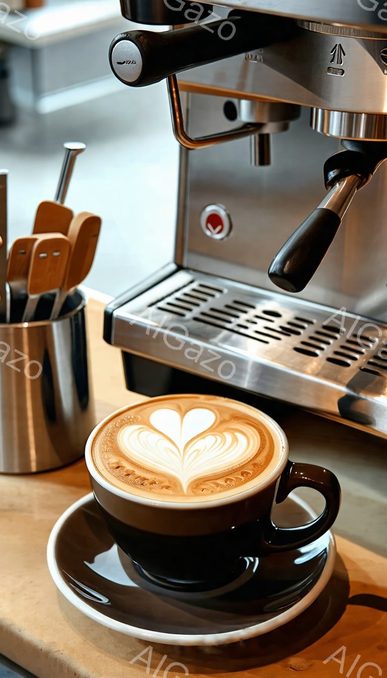 黒いカップとソーサーの上に、丁寧にラテアートが施されたコーヒーが置かれています。背景にはエスプレッソマシンが写り、コーヒーの準備をしている様子が伺えます。全体的に落ち着いた色調で、カフェのような温かい雰囲気が漂っています。
