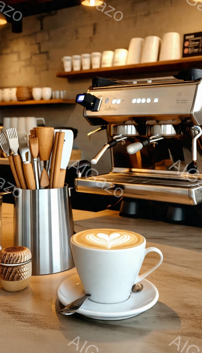 白いカップとソーサーに、丁寧にラテアートでハートが描かれたカフェラテが置かれています。背景にはエスプレッソマシンと紙コップが並び、ステンレス製のカトラリーホルダーと調味料入れがアクセントになっています。暖かく落ち着いた雰囲気で、カフェのカウンターの一角の様子が伝わってきます。