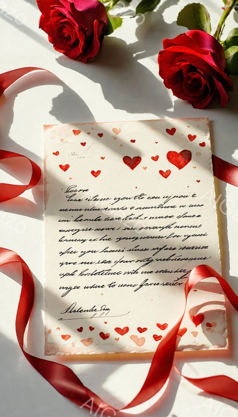 白い背景の上に、ピンクのリボンと赤いハートが散りばめられたギフトボックスが置かれています。ボックスには美しいカリグラフィーでメッセージが書かれており、その上に赤いバラが華やかに飾られています。全体的に、ロマンチックで優雅な雰囲気が漂っています。