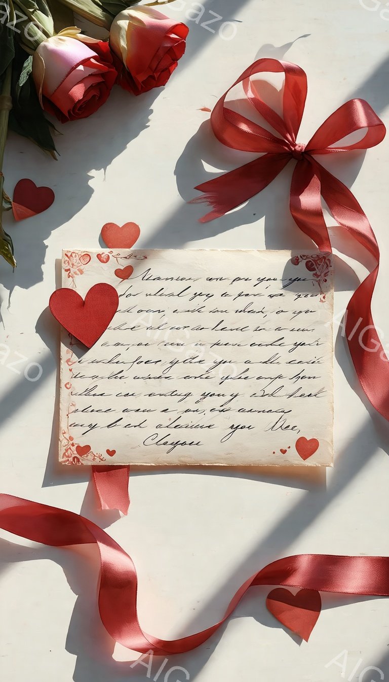 白い背景に、バラと赤いリボン、そしてハート型の紙吹雪が散りばめられています。古風な手紙がリボンで結ばれており、手書きの文字が読めます。全体的にロマンチックで優しい雰囲気を醸し出しています。