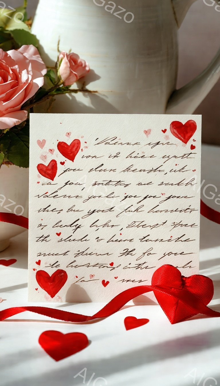 白い背景の上に、赤いハートの形をした紙吹雪と白いバラと赤いバラが散りばめられています。光沢のある赤いリボンが優雅に配置され、ロマンチックで柔らかい雰囲気を醸し出しています。 全体的に、愛と祝祭をテーマにした、華やかで温かいイメージです。