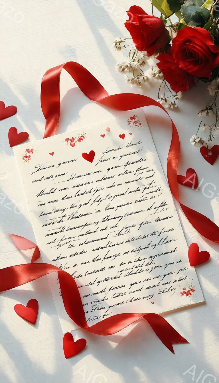 白い木製の背景の上に、赤いバラ、小さな白い花、そして複数の赤いハートが散りばめられています。手書きの文字が書かれた紙が中央に置かれ、ロマンチックで暖かく、愛情に満ちた雰囲気が漂っています。ハートと花が愛情、ロマンス、そしてバレンタインデーのような特別な機会を象徴しているようです。