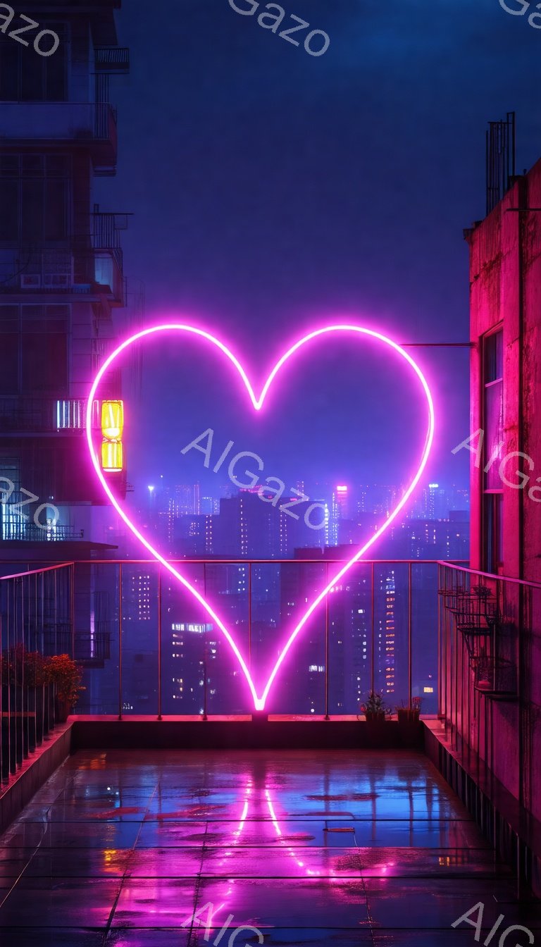 濡れた屋上のフロアに、鮮やかなピンク色のネオンハートが浮かび上がっている。背景には、ぼんやりと光る高層ビル群が広がり、霧がかった夜景が広がっている。全体的に、都会的でロマンチックな雰囲気が漂い、雨上がりの夜の静けさが感じられる。