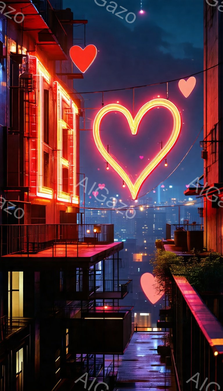 夜の街並みを背景に、ネオンライトで照らされた赤いハートが空中に浮かび、ロマンチックな雰囲気を醸し出しています。建物は赤色で装飾され、屋上には植物が置かれ、遠くには霧に包まれた街の明かりが見えます。この画像は、愛と都会の美しさを組み合わせた、夢のような光景を捉えています。
