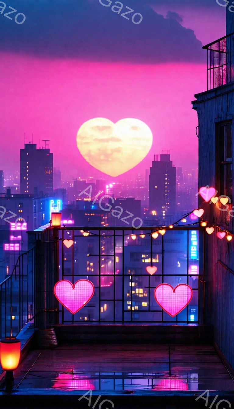 高層ビル群が広がる都市の屋上に、ピンク色の提灯やハート型のイルミネーションが飾られている。巨大な満月が紫とピンクが混ざった夜空に浮かび、幻想的な雰囲気を醸し出している。雨上がりの屋上の床は濡れており、街の灯りと月の光が反射して美しく光っている。
