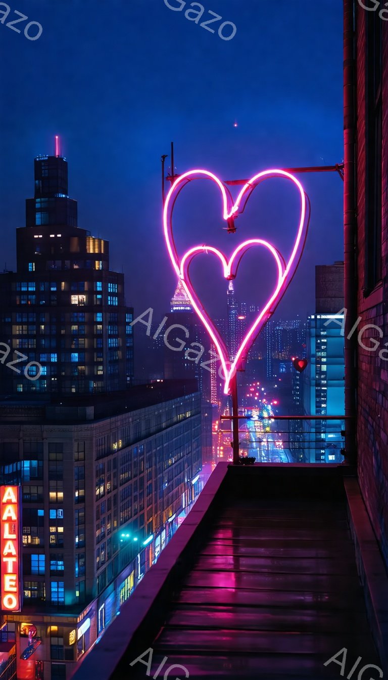 夜景を背景に、巨大なピンク色のハート型のネオンサインが空中に浮かんでいる様子が捉えられています。下には、高層ビル群が連なり、街の光がぼんやりと広がっており、雨上がりのアスファルトが光を反射しています。全体的に、ロマンチックで都会的な雰囲気が漂い、夜の静けさの中に鮮やかな光が印象的です。