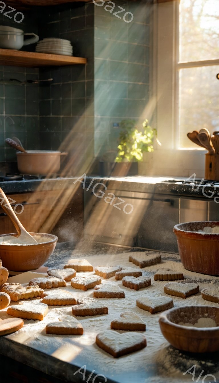 古いキッチンカウンターの上には、小麦粉をまぶした、ハート型や動物の形をしたクッキー生地が並べられています。背景には、暖炉や調理器具、窓から差し込む強い光が見え、温かく素朴な雰囲気を醸し出しています。太陽光線が埃っぽい空気の中に浮かび上がり、料理への愛情と手作りの温かさを感じさせる、穏やかな静物画です。
