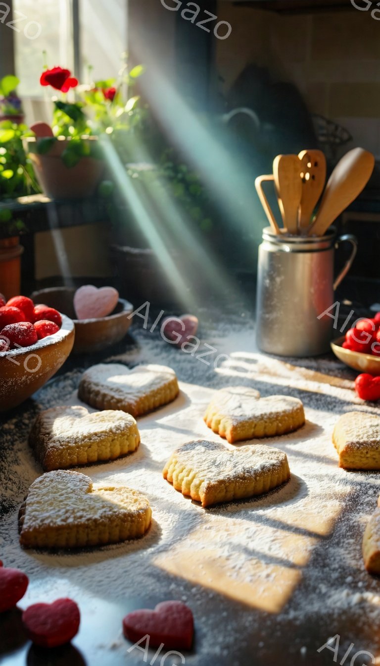 ほこりを帯びた木製のテーブルの上に、粉砂糖がまぶされたハート型のクッキーが並べられています。背景には、赤い花が咲く鉢植えと、調理器具が入った金属製の容器、そしていくつかの赤いハート型のキャンディが見えます。暖かく、穏やかな光が差し込み、バレンタインデーや愛情あふれる手作りのお菓子の雰囲気を醸し出しています。