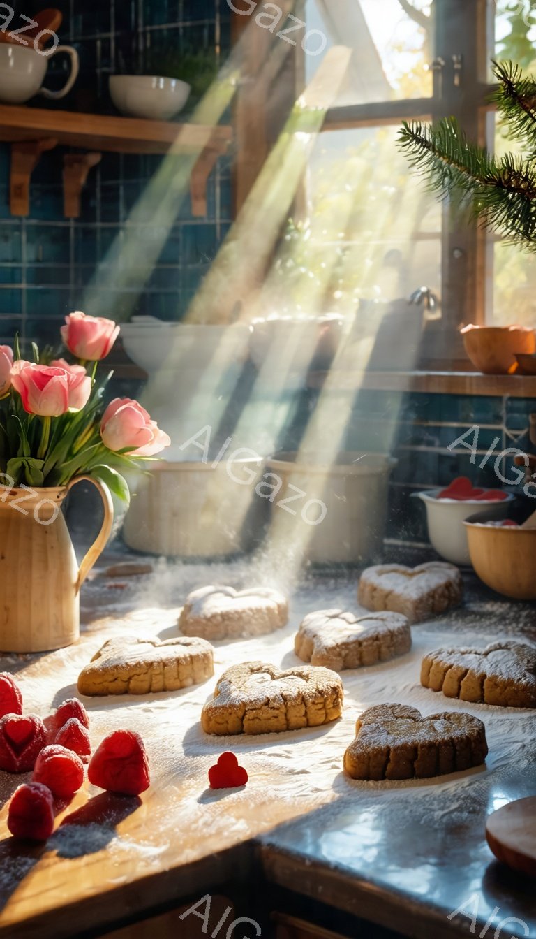 温かい光が差し込むキッチンで、ハート型のクッキーが小麦粉の上に並べられています。背景には花瓶に活けられたチューリップや、赤い果物、食器棚がぼんやりと見え、クリスマスの飾りもわずかに確認できます。全体的に、心地よく、家庭的な、そして少し甘い雰囲気が漂っています。