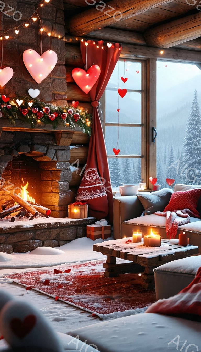 暖炉のある居心地の良い部屋で、外は雪景色が広がっています。赤いカーテンとハート型の飾り、燃え盛る暖炉、そして床に散らばるハートがロマンチックな雰囲気を醸し出しており、クリスマスやバレンタインデーのような特別な日の情景を想起させます。窓の外には雪に覆われた山々と木々が見え、温かく穏やかな室内とのコントラストが印象的です。