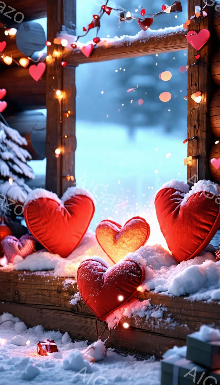雪が降り積もる木製のバルコニーに、ふわふわとした赤いハート型のクッションが置かれています。背景にはぼやけた冬の風景が広がり、きらめく電飾がロマンチックな雰囲気を醸し出しています。プレゼントボックスが雪の中に散らばっており、バレンタインデーや冬の愛情を表現する心温まる光景です。
