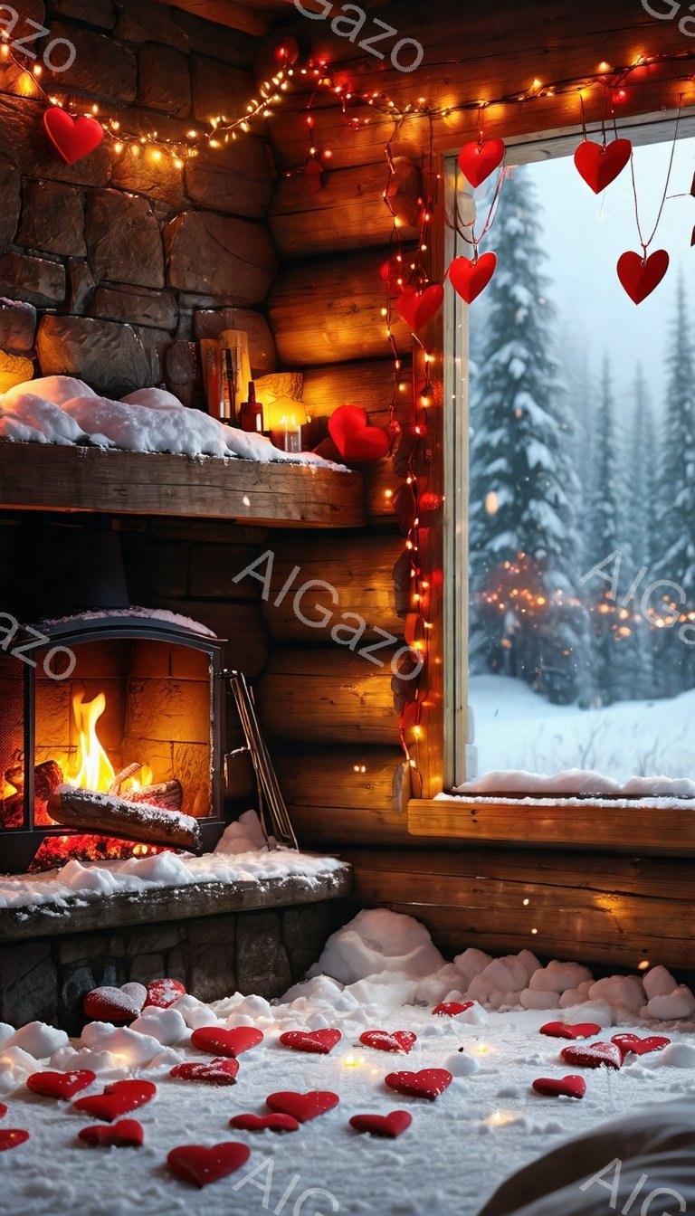暖炉のある部屋が描かれており、床にはハート型の紙片が散りばめられています。窓の外には雪景色が広がり、暖炉の炎とハート型の光がロマンチックな雰囲気を醸し出しています。壁には、暖炉の上に置かれたキャンドルや装飾品が見え、温かく居心地の良い空間を演出しています。