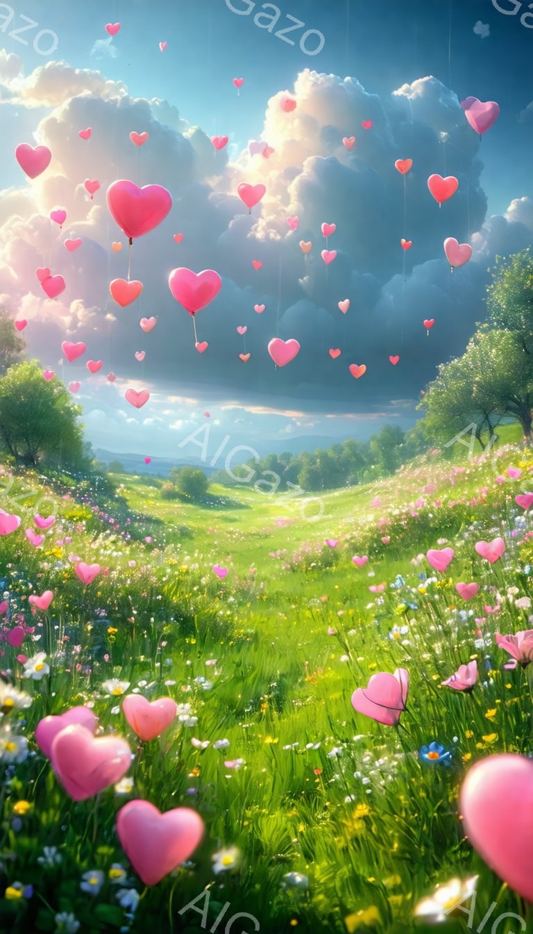鮮やかな緑の草原が広がり、無数の小さな花々が咲き乱れている。空にはピンク色のハートが舞い上がり、まるで夢のようなロマンチックな雰囲気を醸し出している。背景には穏やかな丘と木々が広がり、明るい太陽光と白い雲が、この場所をさらに幻想的に見せている。