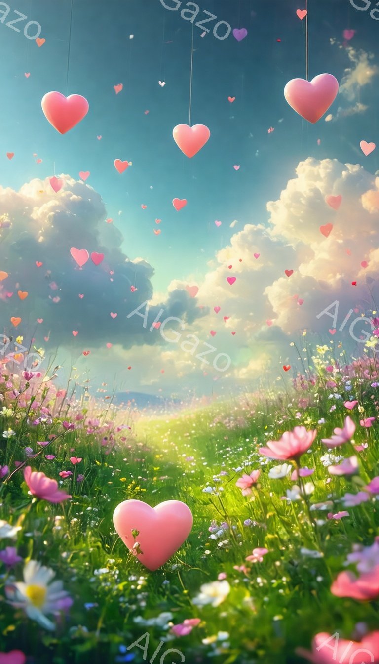 鮮やかな緑の草原に、ピンクや白の花々が咲き乱れ、空にはふわふわとした雲が浮かんでいます。そこかしこに、ピンク色のハートが舞い降りており、まるで夢のようなロマンチックな雰囲気を醸し出しています。背景にはぼんやりと山並みがみえ、暖かく明るい光が全体を包み込んでいます。