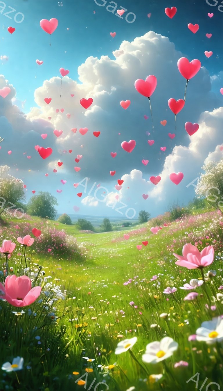 広大な緑の草原が広がり、様々な色の野花が咲き乱れている。空にはふわふわとした白い雲が浮かび、無数の赤いハート型の風船が舞い上がっている様子が描かれている。全体的に、明るく、牧歌的で、夢のような雰囲気が漂っている。