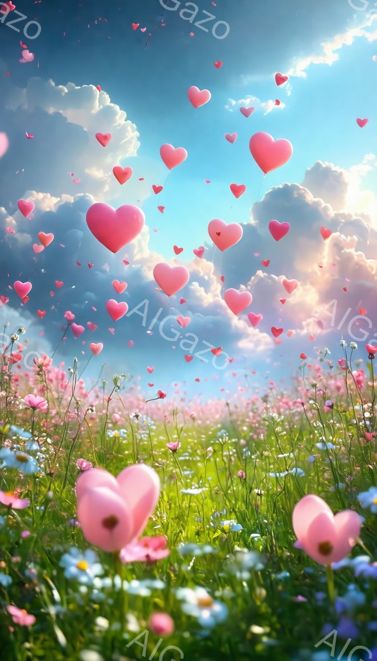 広大な草原にピンクや白の花々が咲き乱れ、空には無数のハート型の風船が舞っている。柔らかな光が差し込み、雲がピンク色に染まり、夢のような幻想的な雰囲気を醸し出している。この景色は、愛情や喜び、希望に満ちた世界を表現しているように感じられる。