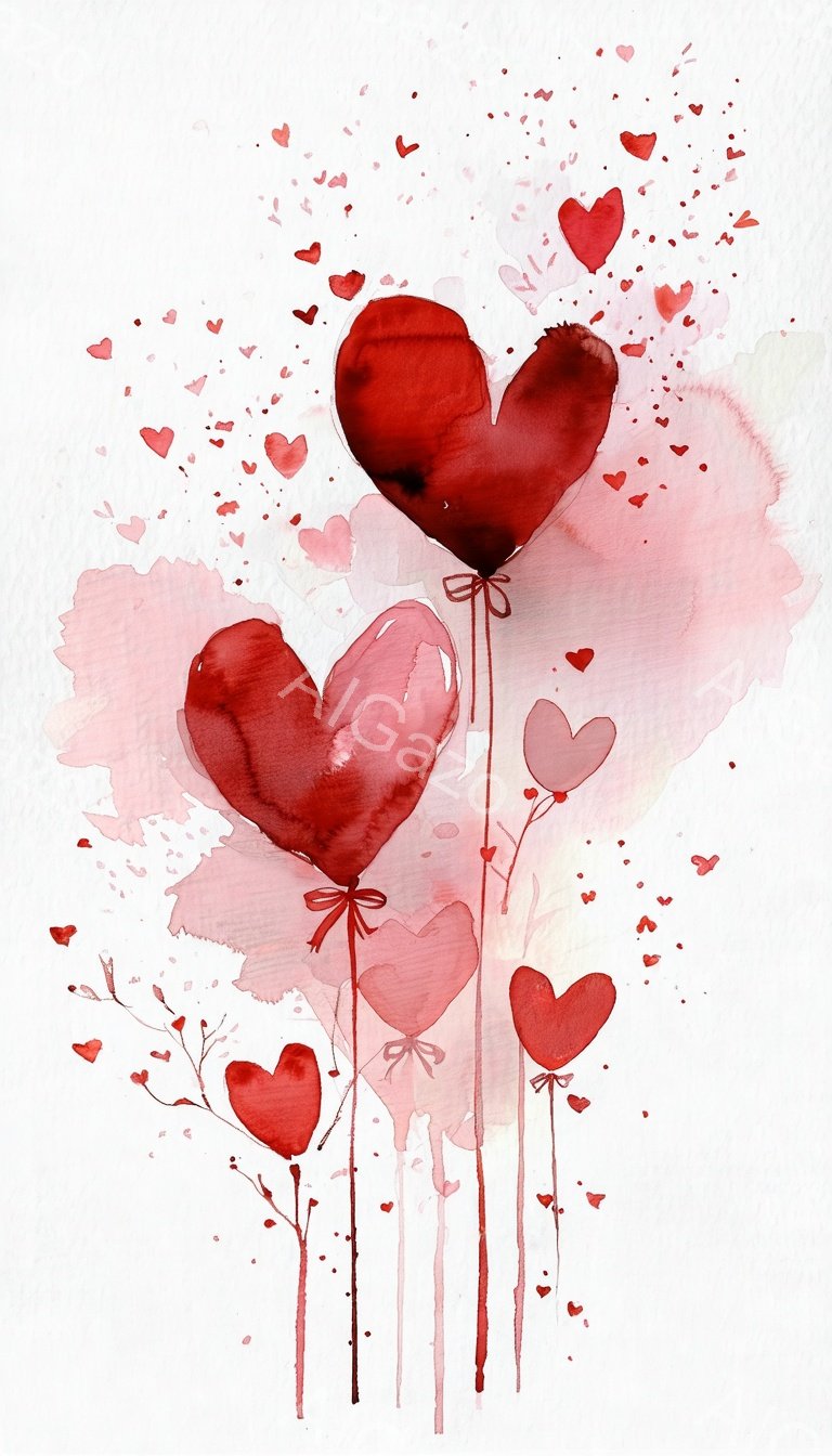 水彩画風の背景に、複数のハートが描かれています。ハートは赤い紐で結ばれた風船のように見え、茎のような線で繋がっています。全体的に淡いピンクと赤のグラデーションが広がり、ロマンチックで優しい雰囲気です。